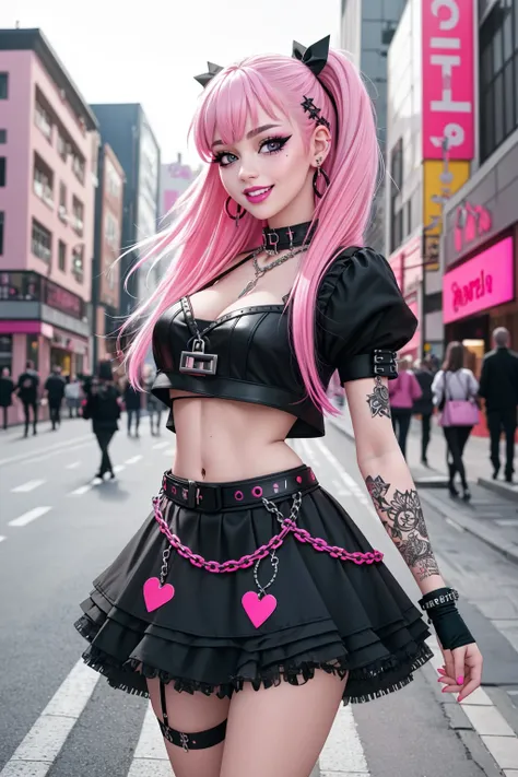 ((Masterpiece, best quality,edgQuality)),
smiling,excited,
edgPastelGoth,pink,neon colored, a woman in a black outfit and a chain skirt ,wearing edgPastelGoth
<lora:edgPastelGothFashionv1:0.8>