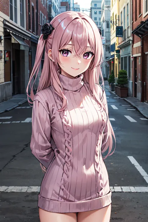 masterpiece,best quality,highres,ultra-detailed,aasajuna,pink eyes,purple eyes,pink hair,long hair,two side up,hair between eyes,bangs,hair flower,black rose,<lora:inui_sajuna:0.7>,(sweater:1.2),(turtleneck:1.2),street,smile,standing,cowboy shot,arms_behin...