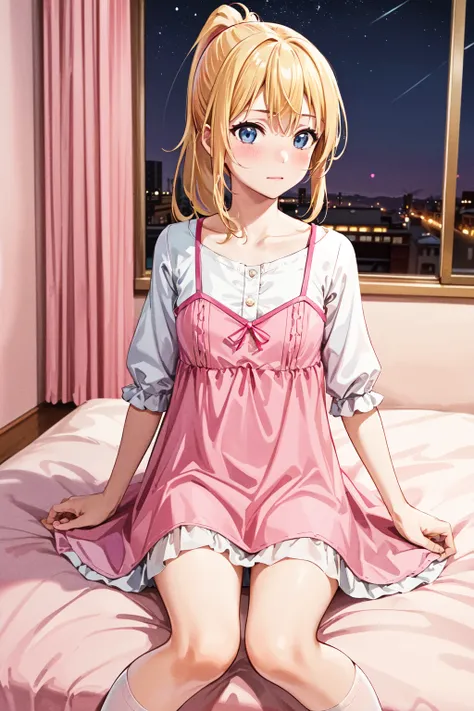 masterpiece,best quality,highres,ultra-detailed,bbkawori,1girl,blue eyes,blonde hair,long hair,ponytail,dress,(pink dress:1.4),shirt,white shirt,long sleeves,skirt,pink skirt,socks,(white socks:1.2),<lora:miyazono_kawori:0.8>,indoors,sitting,bed,blush,(emb...