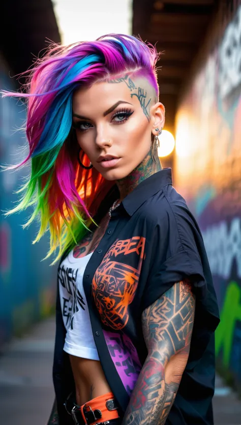 upper body portrait,raw essence of a tattooed street style icon,rebellious energy,wearing oversized shirt with logos,vibrant graffiti as backdrop,edgy fashion,sense,confident gaze,colorful hair,light beams streaming through haze,