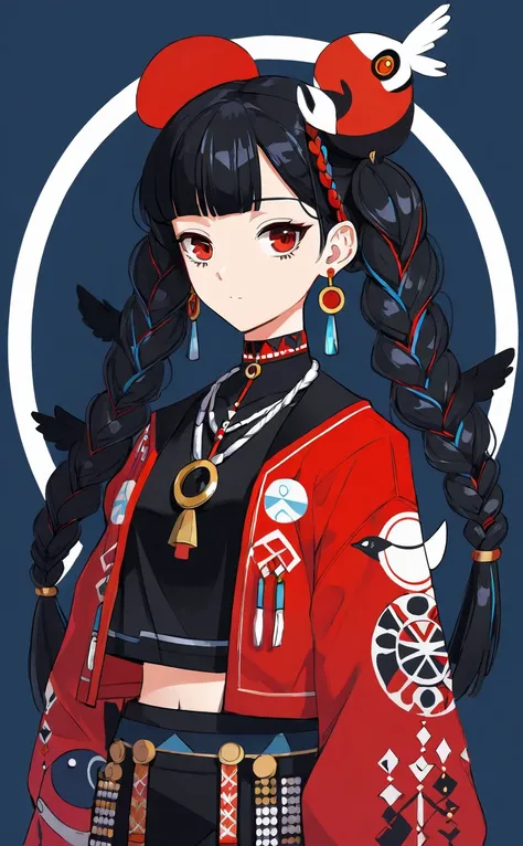 a girl in a red and black outfit with a bird on her head, Senketsu Illustration, portrait of a magical girl, Flat anime style, wearing a tribal outfit, full art illustration, blue cyborg, short twin tails, dribbble style illustration, One Eye Red, jewelry,...