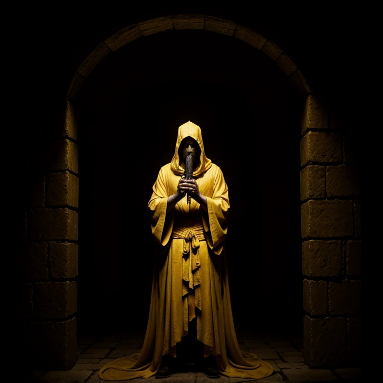 Horror-themed,  <lora:carcosa city style SD1.5:1.2>
In an ancient and mysterious city a man in a yellow robe holding a snake carcosa city style, Eerie, unsettling, dark, spooky, suspenseful, grim, highly detailed