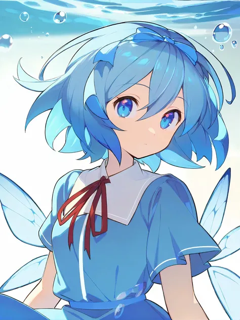 by timbougami, beautiful color, cirno, 1girl, solo, blue eyes, blue hair, bow, blue bow, wings, hair bow, upper body, looking at viewer, underwater, short hair, short sleeves, ice wings, shirt, ice, bubble, ribbon, neck ribbon, red ribbon, white shirt, dre...