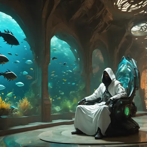 Clair-obscur, digital painting, oil painting, landscape, emirati arab "assassins creed" fremen ninja iman sheikh wearing futuristic cyberpunk white cyber-onesie and white saudi Gutra headdress, sitting on a luxurious throne with arabic patterns ((in front ...