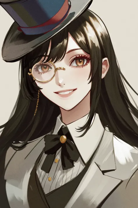 masterpiece, best quality, highres, 1girl monocle <lora:monocle_2:1> portrait, smile, top hat, formal suit