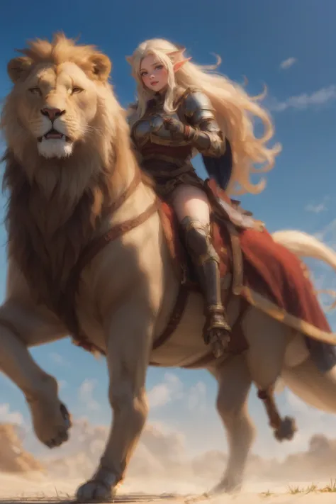 fantasy, a  elf paladin girl riding large long mane lion