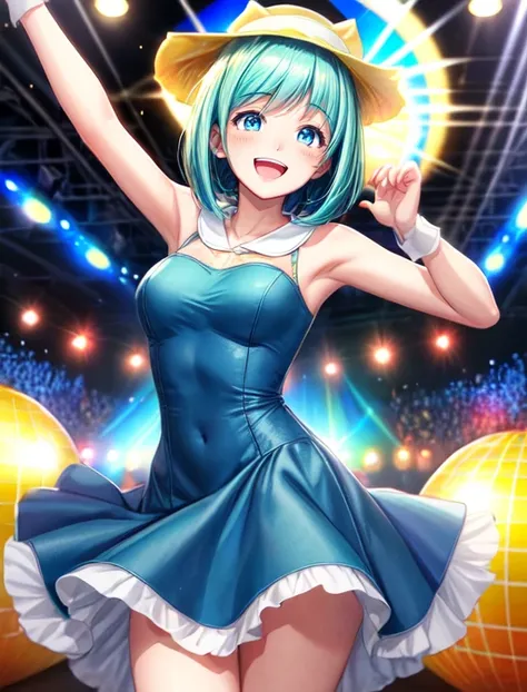 best quality, masterpiece, highres, detailed, digital artwork, <lora:Detail - add_detail:0.2>, MintPop, aqua hair, bob cut, blue dress, white collar, yellow hat, <lora:Character - MintPop:0.8>, dancing, party, disco ball, laughing,
