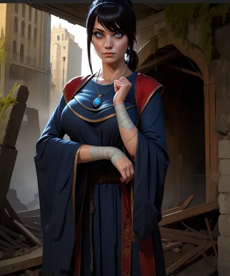 Sellen,bangs,black ponytail,thinking,
necklace,blue robe,long sleeves,bandages,wide sleeves,
standing,
underground bunker,cobwebs,potions,ruins,
(insanely detailed, beautiful detailed face, masterpiece, detailed eyes, best quality),
<lora:Sellen-10EDRv8:0....