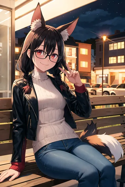 1girl, solo, sidelocks, twinbraids, black hair, red eyes, smug, smirk, glasses, sitting, bench, partk, at night, long hair, white sweater, leather jacket, black jacket, fox girl, fox ears, fox tail, jeans, black tail, skindentation <lora:Hiroshi-Style-RC_...