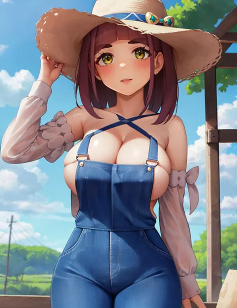 (masterpiece, best quality, hi res:1.2), 1girl, (solo:1.2), pklacey, <lora:Lacey Pokemon (pklacey):0.7>, detailed skin, overalls, cowboy hat, cleavage, crop top, strapless, cleavage, outdoors, barn