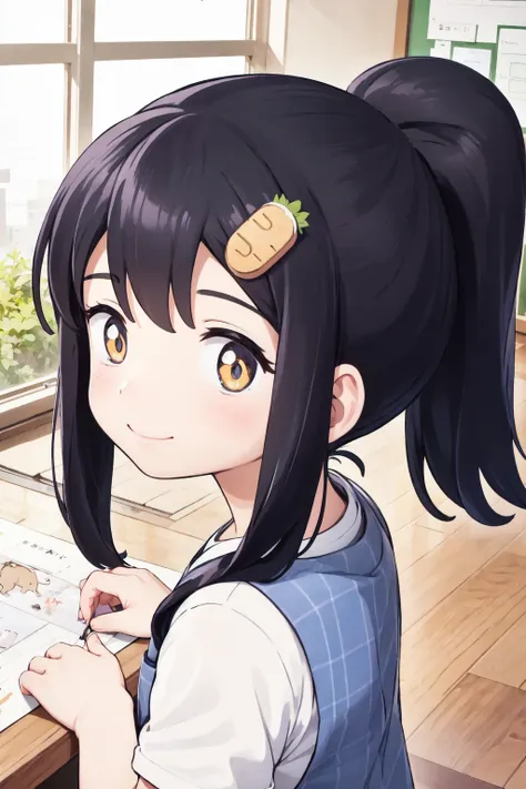 <lora:0 GLCsensei:1>,glcsensei,shirt,long apron,petite,looking_at_viewer,portrait,ponytail,smile,kindergarten,food-themed_hair_ornament,