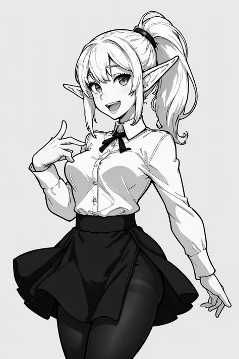 (masterpiece, best quality:1.2),  <lora:adjatha:1>, adjatha, 1girl, monochrome, solo, pointy ears, greyscale, elf, ponytail, looking at viewer, smile, simple background, pantyhose, white background, long sleeves, high-waist skirt, open mouth, breasts, skir...