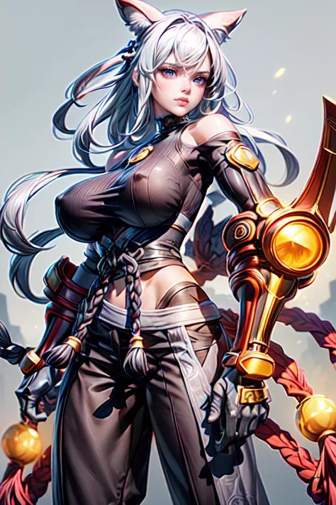 <lora:Qi_AoV_New:0.7>,  <lora:add_detail:0.4>, qi_aov_new, 1girl, solo, grey eyes, grey hair, bangs, long hair, hair ornament, breasts, large breasts, looking at viewer, blue eyes, white background, animal ears, bare shoulders, standing, white hair, , pant...