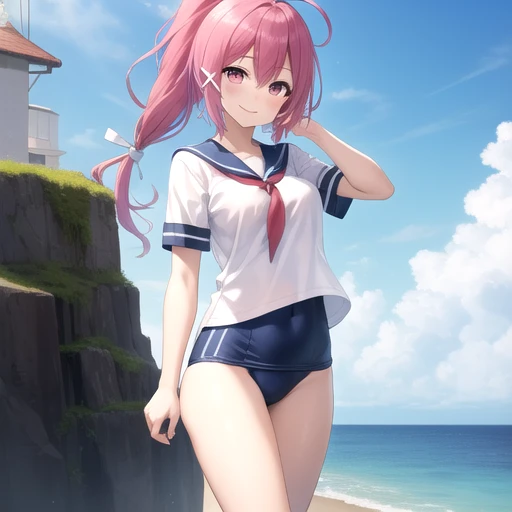 ((masterpiece)),(best quality),official art,extremely detailed CG,unity 8k wallpaper,ultra detailed,A lighthouse on a cliff by the sea,1girl,solo,cowboy shot,long_hair,school_swimsuit,blue_one-piece_swimsuit,ponytail,red_hair,covered_navel,swimsuit_under_c...