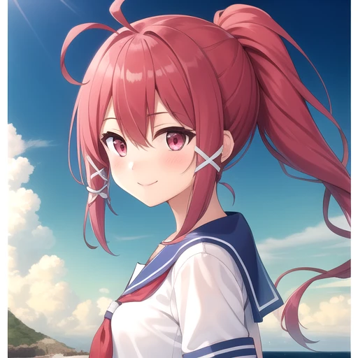 ((masterpiece)),(best quality),official art,extremely detailed CG,unity 8k wallpaper,ultra detailed,A lighthouse on a cliff by the sea,1girl,solo,upper body,(portrait:1.2),long_hair,school_swimsuit,blue_one-piece_swimsuit,ponytail,red_hair,covered_navel,sw...