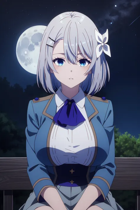 masterpiece, best quality, highly detailed, sakunamem, blue eyes, grey hair, short hair, hair between eyes, hair flower, hair ornament, hairclip, large breasts, parted lips, white shirt, blue ascot, blue jacket, collared shirt, grey skirt, outdoor, sitting...