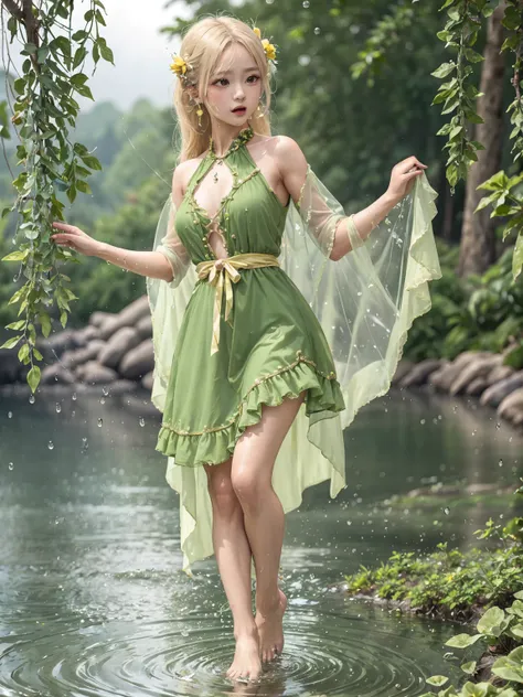 <lora:wdrop:0.8> wdrop,water drop,ichiban iiewo tanomu,(highly detailed image of green dress), yellow long hair,fairy,standing,vibrant, lake,bare foot,fly