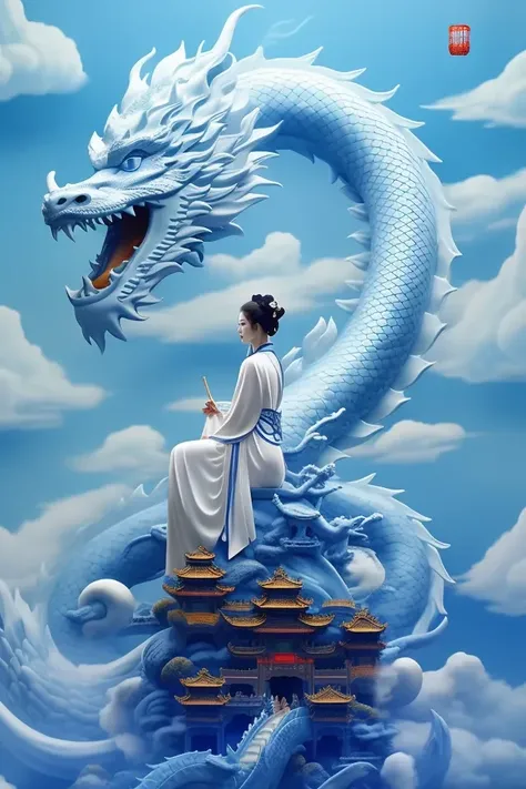 1 girl, long,with a blue and white sculpture of a typical porcelain Chinese dragon on the back. Castle, cloud, cloud sky, double bun, dragon, mountain, sky, tower, HD resolution, rich details, rich colors,masterpiece, HD resolution, rich details, rich colo...