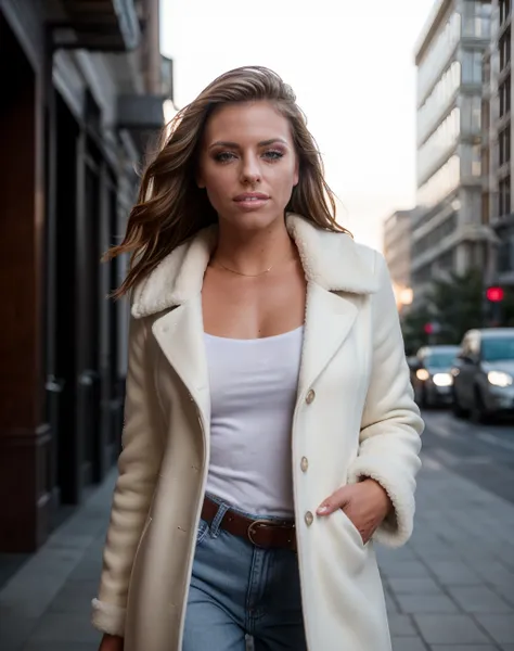 cinematic film still close shot photo of  <lora:quiron_AdrianaChechik_v1_Lora:0.77> AdrianaChechikQuiron woman wearing an expensive  Wool-blend coat with a faux fur collar and cuffs for added elegance and white    pastel denim jacket with patches, baggy je...