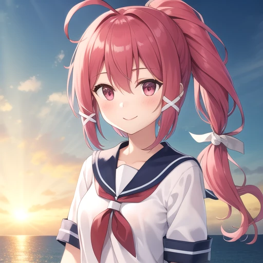 ((masterpiece)),(best quality),official art,extremely detailed CG,unity 8k wallpaper,ultra detailed,A lighthouse on a cliff by the sea,1girl,solo,upper body,(portrait:1.2),long_hair,school_swimsuit,blue_one-piece_swimsuit,ponytail,red_hair,covered_navel,sw...