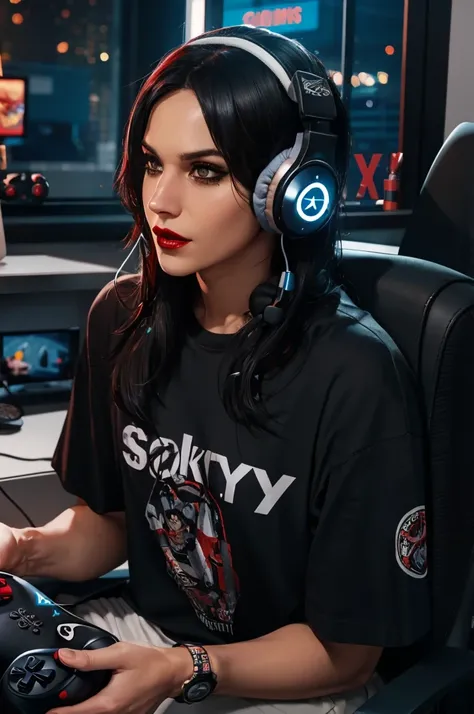 CScabb, <lora:CScabb:1>,4K, Masterpiece, smokey eyeliner, dark red lipstick, black hair wearing a band T-shirt, gaming headphones, playing Playstation 5