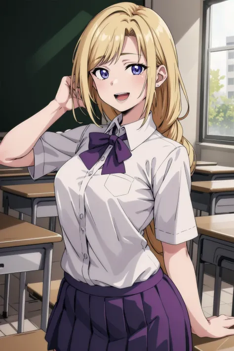 (masterpiece, best quality, high quality, highres, ultra-detailed), <lora:Ichimiya_Alisa-15:1> 
ichimiya-alisa, 1girl, solo, long hair, blue eyes, blonde hair, purple eyes, braid, smile, school uniform, cowboy shot, open mouth, 
classroom,