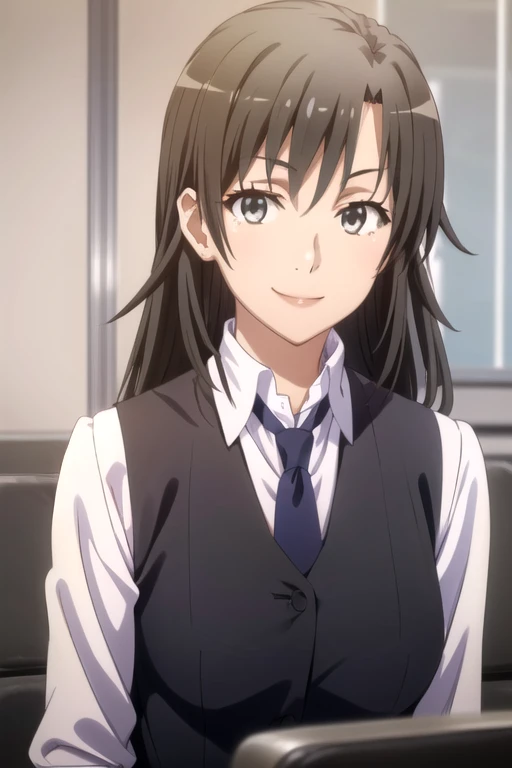 (((pixel-perfect, detail-perfect))), solo, 1girl, <lora:shizuka-oregairu-01:0.8>, shizuka hiratsuka, white shirt, necktie, vest, looking at viewer, smile, upper body