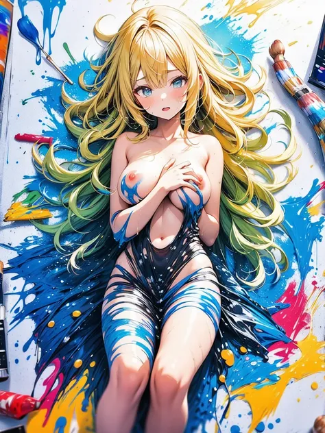 ichiban iiewo tanomu,highly detailed image of nude model, yellow hair,completely nude,vibrant,down town,(paint drip:1.5),lying,<lora:wdrop:0.5> ,embarrassing,woman,