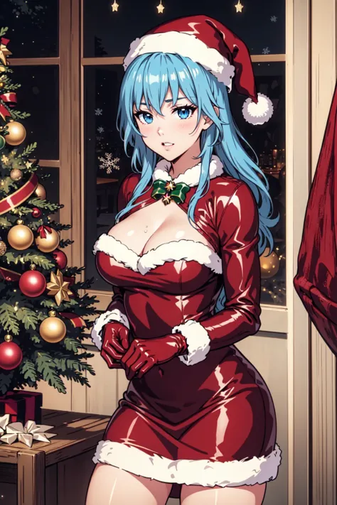 standing, cowboy shot BREAK sgliselotte, long hair, blue hair, blue eyes, sidelocks BREAK red latex christmas dress, cleavage, christmas tree, christmas ornaments, crystals, water, gems, Santa hat, bells, jacket, gloves  <lora:liselotte-sd15-6-000007:0.8> ...