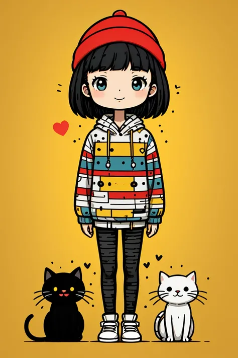 sd mai, flat illustration,
sd mai, flat illustration, 1girl, red headwear, cat, black hair, smile, looking at viewer, hat, striped, standing, sweater, heart, bangs, yellow background, short hair, closed mouth, solo, red footwear, beanie
 <lora:SD_MAIæç®...