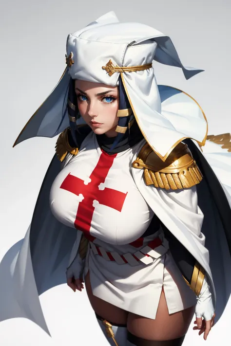 masterpiece, best quality,  <lora:ffarrow-nvwls-v1-000009:0.9> ffarrow, white headwear, red and white dress, long black sleeves, black pantyhose, fingerless gloves, vambraces, large breasts, white cape, looking at viewer, from above, furrowed brow, gradien...