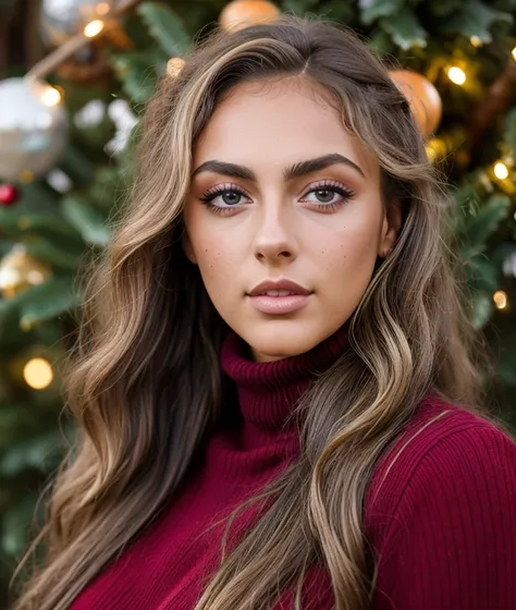 <v3r0m>, nature, outdoor, Christmas theme ,Colorful flowering, upper body, Blond hair, Turtleneck, close portrait photo, long hair, looking at viewer, blue eyes, black hair, messy hair, Christmas theme