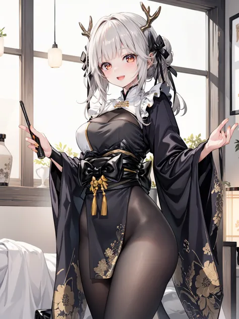 (extremely detailed CG, best quality:1.1), 1girl, perfect face, bright pupils, (finely detailed beautiful eyes:1.1), shiny skin, lustrous skin, wide hips, narrow waist, double bun, yellow eye, horns, antlers, hair ornament, japanese clothes, black kimono, ...