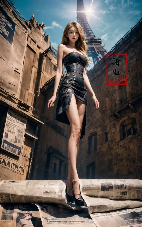 (best quality),((masterpiece)),(highres), (extremely detailed 8K wallpaper),(panorama:1.5)outdoors (imid shot:0.95),(imid shot,macro shot:1.25), Eiffel Tower(Black and white Newspaper dress:1.3)(wide shot, wide-angle lens,Panoramic:1.2),super vista, su...