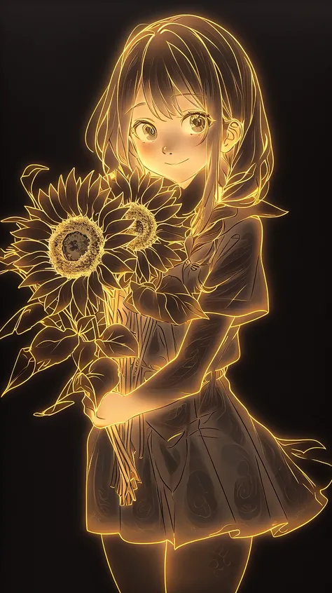 masterpiece,top quality,
1girl,sunflower,solo,flower,smile,holding,looking at viewer,short sleeves,bangs,holding flower,blush,braid,closed mouth,long hair,lineart,skirt,cowboy shot,school uniform,sailor collar,pleated skirt,hair over shoulder,serafuku,plea...