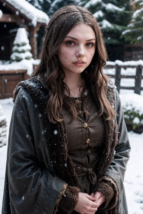 hannahmurray,a woman wearing medieval fur coat in the snow, lakeside, (rim lighting:0.5) <lora:hannahmurray:0.8>