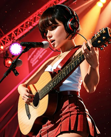 -- best_quality, ultra_detailed, extremely_clear, A cute pop singer with short hair and symmetrical teary eyes holds a guitar and sings into headphones, wearing a pleated skirt, with a dynamic angle, captured in a high-detailed cowboy shot, exuding a melan...