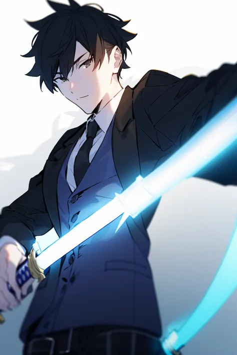 masterpiece, best quality,<lora:fstyle02-128-c:1>,fstyle02, weapon, solo, sword, black hair, 1boy, holding, male focus, holding weapon, holding sword, simple background, black pants, short hair, sheath, pants, black eyes, looking at viewer, grey background...