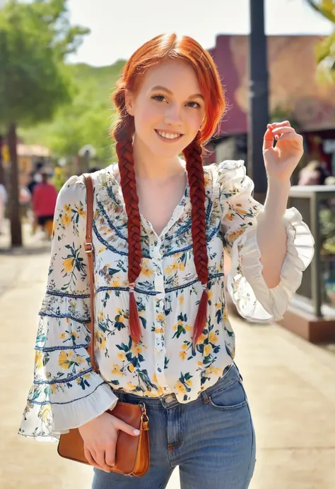 candid photo, of a ohwx woman, braided red hair, 3/4 body photo, urban outfitters flowy ruffle-trim blouse in a pink and white f...