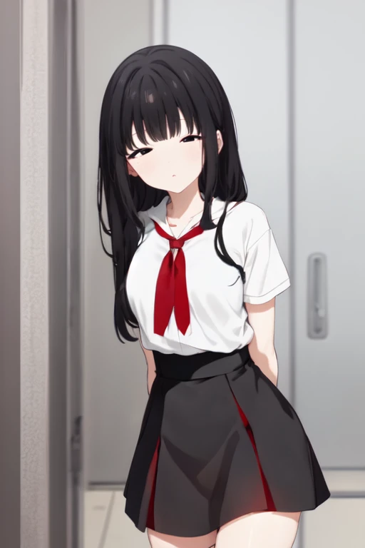 <lora:NekoKamimokuR4:0.7>, NekoKamimokuR4, black hair, black eyes, half closed eyes, white shirt, red skirt, thighhighs,  masterpiece, highres,