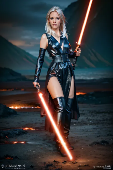 <lora:Laura_Birn_512_v1:0.75> laura_birn_v1, laura_birn, finnish woman, on lava,blond hair,holding lightsaber, legs, feet, waist, full body, ((((light saber)))), volcano, lava, magma, glowing light, poised, ready, attack, angry, wasteland, <lora:sthoutfitV...