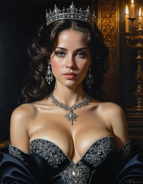 oil painting of princess, perfect face, cleavage, dark shot, dramatic, extremely detailed, intricate, elegant, by Greg Rutkowski