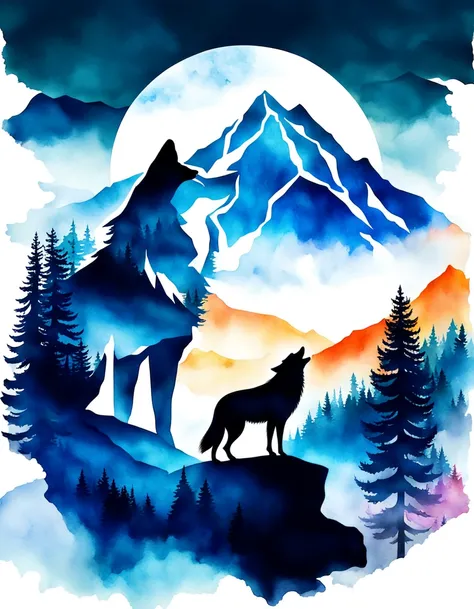 Double exposure of a wolf and a mountain, natural scenery, watercolor