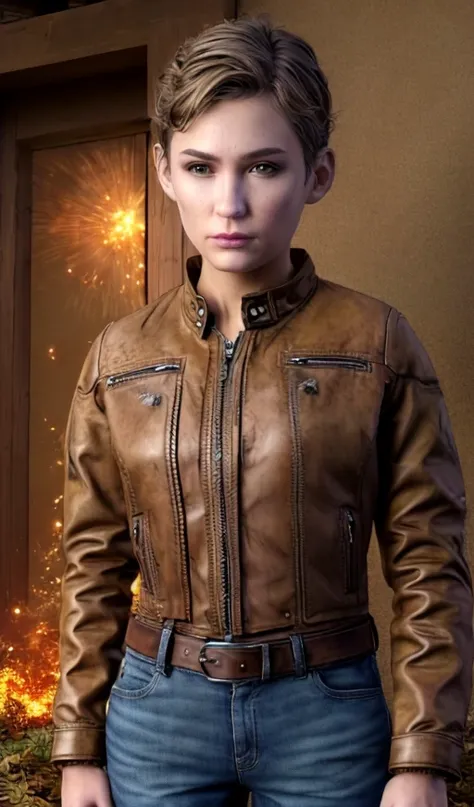 Jane,brown hair,dirty face,short hair,belt,pants,jacket, standing,upper body, nighttime,explosion, (insanely detailed, beautiful detailed face,beautiful detailed eyes, masterpiece, best quality),solo, <lora:JaneTWDv1.1:0.8>