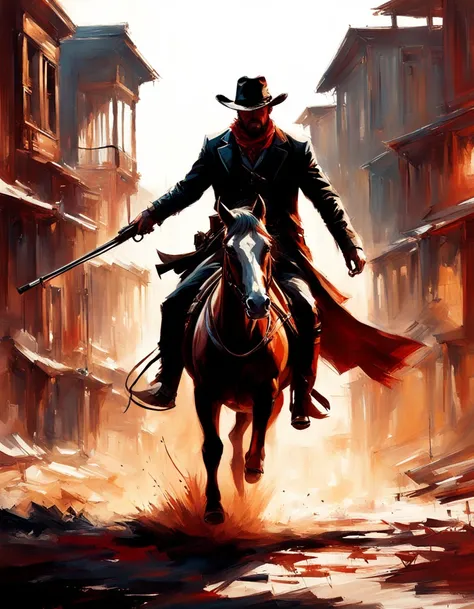 Intricate dynamic action shot of cowboy in a shootout, cinematic Steve Henderson Fabian Perez Henry Asencio Jeremy Mann Marc Simonetti Fantasy, red dead redemption 2 atmosphere, cinematic, #photograph