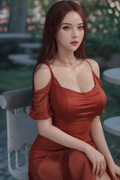 ((best quality)),absurdres,(ultra high res),(photorealistic:1.6), octane render,(hyperrealistic:1.2), (photorealistic face:1.2), amelians, a woman in a red dress sitting on a bench, perfect female body, looking at viewer, (realistic:1.7), (8k), (Masterpiec...