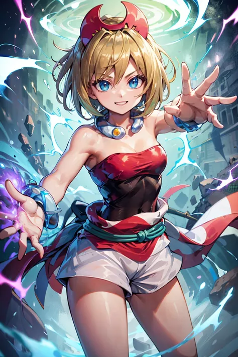 <lora:Aura_v1:0.6>, Aura, energy, glowing,swirling energy, dynamic pose, ((masterpiece,best quality)), absurdres, <lora:irida_(pokemon)_v1:0.7>, aairida, short hair, red hairband, neck ring, collar, strapless shirt, red shirt, bracelet, sash, waist cape, ...