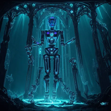 Gothic style  single of ( robotic:1.5) beauty with bioluminescent lights integrated into her structure, casting an otherworldly glow in the river. Experiment with neon colors and underwater reflections.
 . Dark, mysterious, haunting, dramatic, ornate, deta...