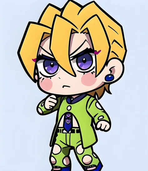 fugo,  1boy,  tie,  purple eyes,  cute,  green suit,  clothing cutout,  solo,  navel,  simple background,  nomura tetsuya,  blonde hair,  thin waist,  stud earrings,  young,  teen,  blushing,  pose, Chibi,<lora:EMS-247136-EMS:0.900000>,<lora:EMS-78061-EMS:...