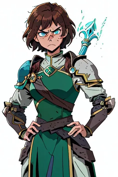 hou jae, girl with short shoulder length brown hair, scar on face and one eye, blue eyes, hands on hip, looking at viewer, angry, white background, light armor, green clothes